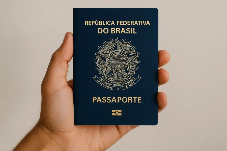 PF pode suspender emissão de passaporte em 2025 por falta de verba 1 pessoa segurando o passaporte brasil